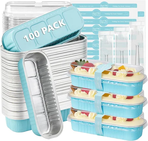 Miniatura 10 de Ruckae Paquete de 100 Mini Moldes para Pan Mini Moldes para Hornear Pan con Tapas y Cucharas, Moldes de Papel de Aluminio Desechables, Moldes