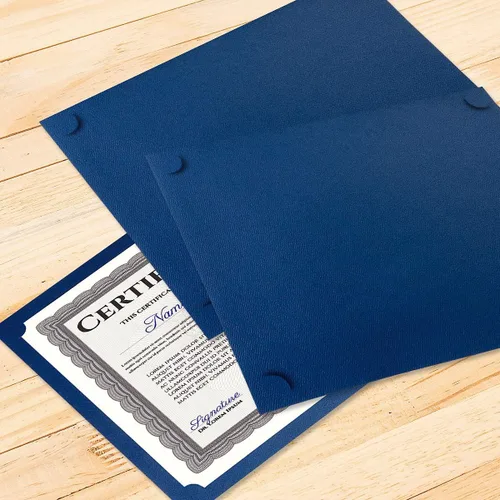 Miniatura 7 de Porta certificados color azul liso – Paquete de 25, cubierta de lino de 80 libras. Stock, de un solo lado, esquinas troqueladas, para oficina