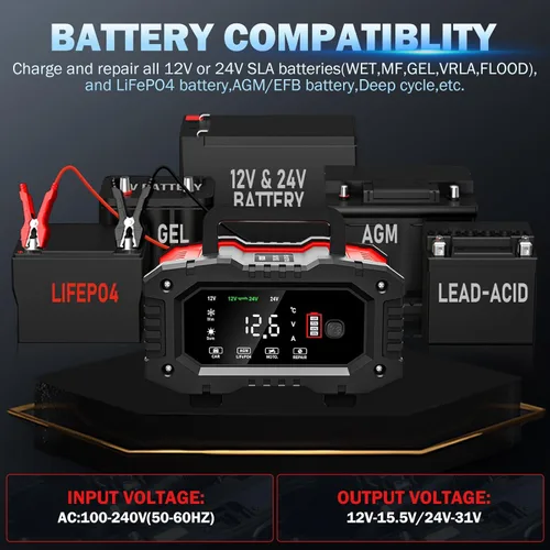 Miniatura 2 de Cargador de batería de coche de 20 amperios, LiFePO4 de 12V/20A y 24V/10A, plomo ácido (AGM/Gel/SLA), cargador inteligente automático de goteo