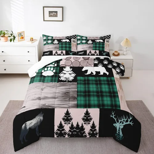 Miniatura 40 de Manfei Rutic Farmhouse - Juego de edredón tamaño King, juego de ropa de cama de retazos de madera a cuadros de ciervo, oso, árbol, 3 piezas