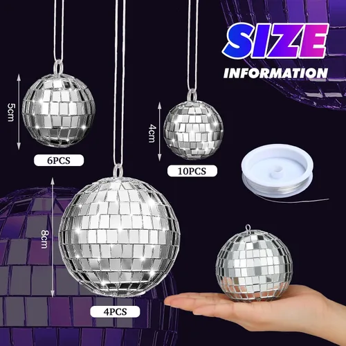 Miniatura 3 de MTLEE 20 piezas de decoración de bolas de discoteca de varios tamaños, decoración de fiesta, adornos de bola de discoteca, espejo pequeño grande