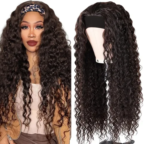 Miniatura 36 de Peluca de cabello humano con diadema de ondas profundas, sin pegamento, pelucas de cabello rizado sin encaje frontal, pelucas de cabello humano