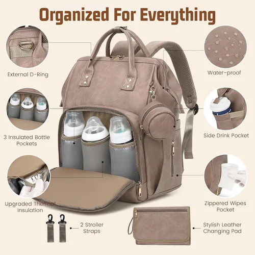 Miniatura 3 de ROSEGIN Mochila para pañales de cuero vegano de alta calidad con cambiador impermeable - Costuras y cremalleras reforzadas, bolsa de bebé para niño