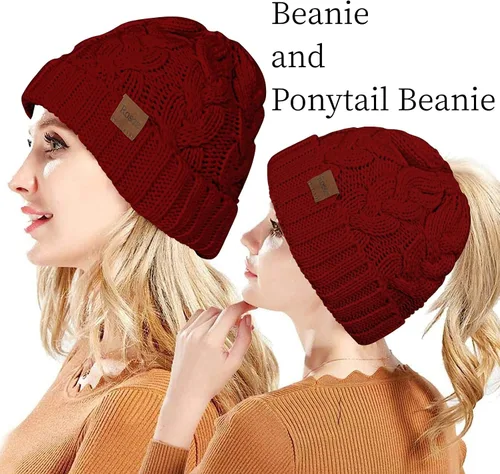 Miniatura 2 de Rosoz Gorro de cola de caballo para mujer, gorro cálido de invierno, suave, elástico, de punto trenzado, para moño alto