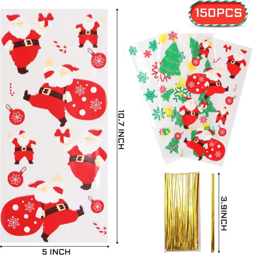 Miniatura 4 de LOKIQNG 150 PAQUETES Bolsas de Celofán de Navidad Bolsas de Regalo para Dulces y Galletas con Ataduras Giratorias para Recuerdos de Fiesta