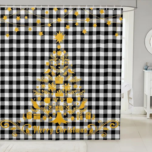 Miniatura 19 de Homewish Cortina de ducha de árbol de Navidad, juego de cortina de ducha de baño con diseño de copo de nieve dorado para niños y adultos, cortina