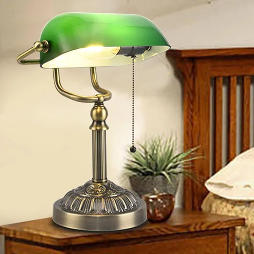 Miniatura 7 de Bankers - Lámpara de escritorio con puerto de carga USB-A, lámparas de escritorio vintage con cadena de tracción de vidrio verde, lámpara