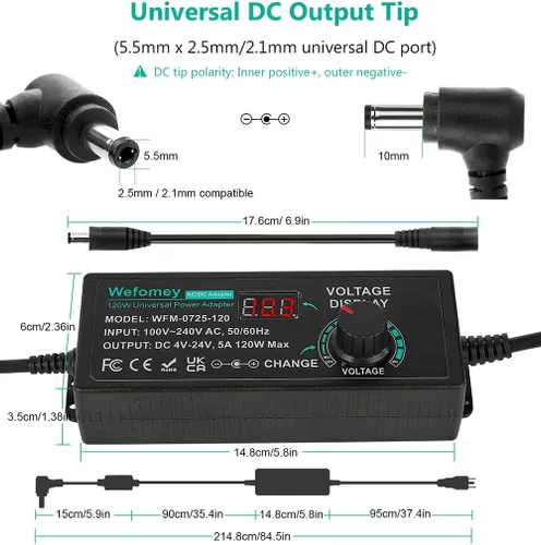 Miniatura 5 de Fuente de alimentación universal de 120 W CC ajustable 3 V ~ 24 V Adaptador de CA/CC de conmutación variable de 100 V-240 V CA a CC 24 V 5 A con 14