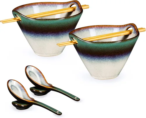 Miniatura 13 de Tazones grandes para servir ensalada, sopa, ramen, 71 OZ tazones de cerámica japoneses para fideos ramen con palillos, cucharas y soportes