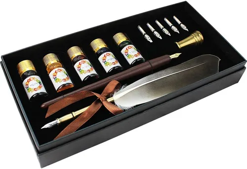 GIFTS - Juego de bolígrafos de caligrafía, kit de 12 piezas, 5 puntas y 5 tintas, bolígrafo de escritura, juego de bolígrafos Anitque Dip (madera +