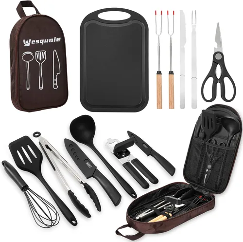 Juego de utensilios de cocina esenciales para acampar - Kit de cocina portátil para campamento al aire libre, accesorios de acero inoxidable y Marrón