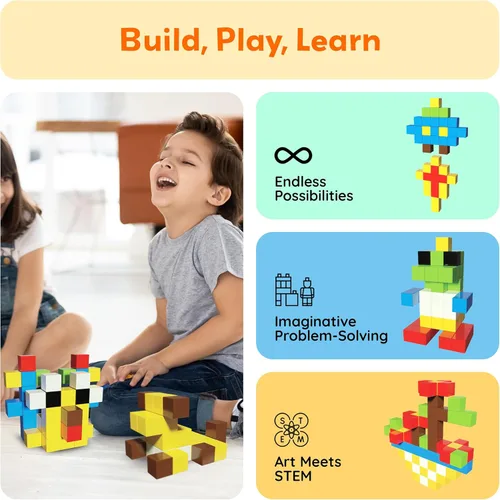 Miniatura 4 de PicassoTiles 102 piezas Cubo de rompecabezas magnético de píxeles de 1" Mezcla y combina juguetes con Ideabook STEM Educación de aprendizaje Bloques