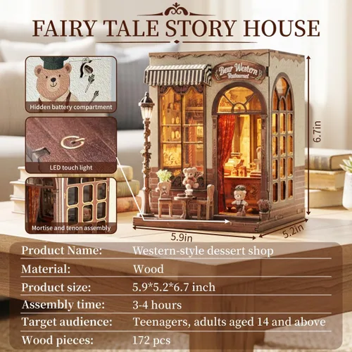 Miniatura 2 de Kit de rincón de libros, kit de casa de muñecas en miniatura para adultos, pastelería de panadería, kit de construcción de mini casa con LED, kit