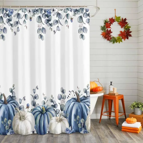 Miniatura 4 de Cortina de ducha de calabaza azul para baño, calabazas blancas, hojas verdes, cortinas de baño con ganchos, tela de poliéster impermeable, cortinas