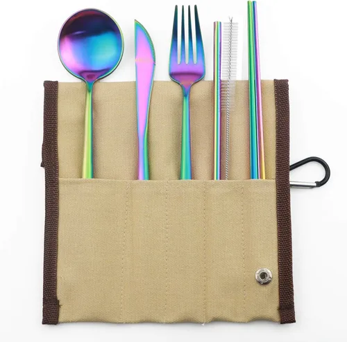 Miniatura 4 de Juego de 6 cubiertos portátiles de acero inoxidable 304, tenedor, cuchara, palillos, pajita de metal, cepillo de limpieza, juego de cubiertos