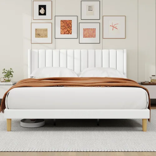 Miniatura 24 de alazyhome - Marco de cama tapizado de plataforma tamaño Queen con cabecera, soporte de listones de madera, sin ruido, fácil montaje, terciopelo beige