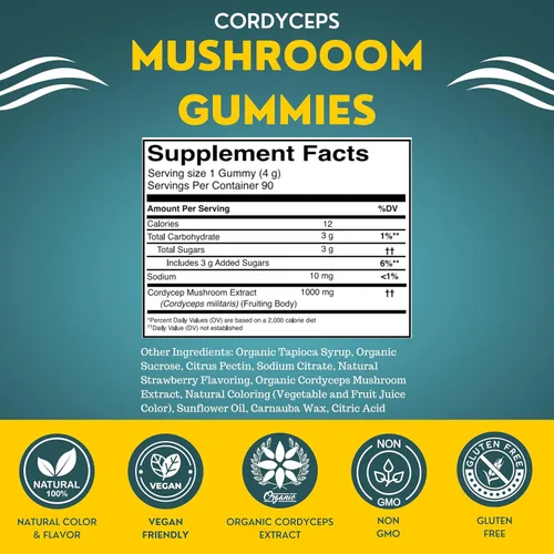 Miniatura 4 de Cordyceps - Gomitas de hongos para adultos 90 porciones Sandía Gomitas de hongos de rendimiento energizante para apoyar la resistencia