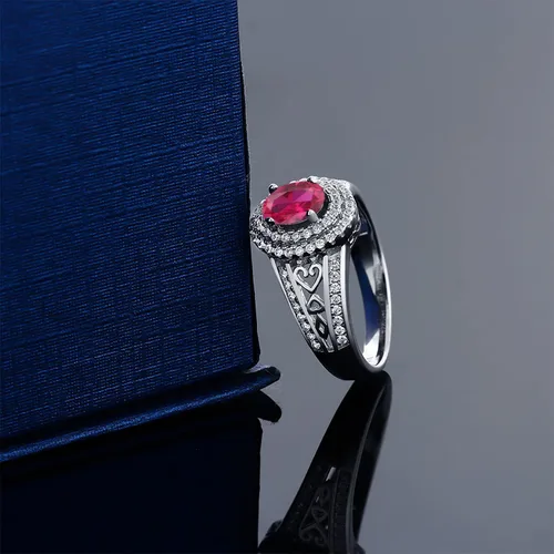 Miniatura 3 de Anillo de compromiso con halo de piedra preciosa y piedra natal en plata chapada en oro amarillo de 18 quilates, ovalado, 0.236 x 0.157 pulgadas
