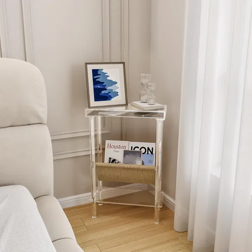 Miniatura 7 de Mesa auxiliar estrecha de acrílico Eglaf para espacios pequeños, mesa auxiliar delgada Skinny Side Table with Magazine Holder, Small Bedside Table