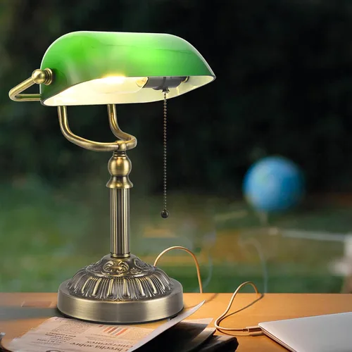 Miniatura 9 de Bankers - Lámpara de escritorio con puerto de carga USB-A, lámparas de escritorio vintage con cadena de tracción de vidrio verde, lámpara