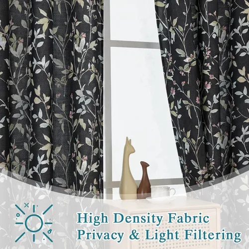 Miniatura 2 de Chyhomenyc Cortinas de mezcla de lino de 63 pulgadas de largo, 2 paneles de cortina con estampado floral filtrante de luz para sala de estar