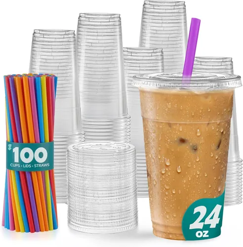 GUSTO [24 onzas – 100 unidades de vasos transparentes con tapas planas y pajitas – Vasos desechables transparentes para café helado, bebidas frías,