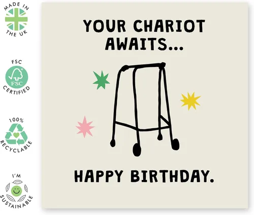 Miniatura 2 de Divertida tarjeta de cumpleaños – "Your Chariot Awaits" Zimmer Frame Joke – Divertida tarjeta de humor para mamá, papá, amigos, colegas, tío, tía