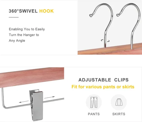 Miniatura 3 de TOPIA HANGER CT07P - Paquete de 10 perchas de madera natural de cedro rojo americano para pantalones de pantalones con clips ajustables antiarrugas