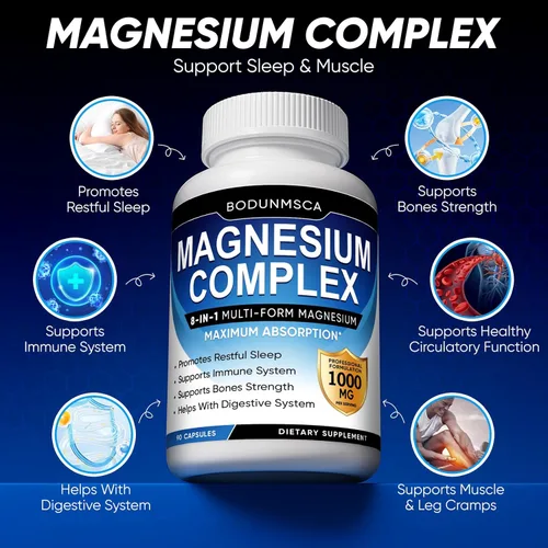 Complejo de magnesio de 1000 mg, cápsulas de suplemento de magnesio 8 en 1 con glicinato, citrato, malato y taurato, apoya los músculos, los huesos,