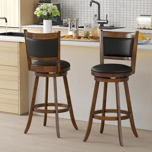 Miniatura 9 de COSTWAY Juego de 2 taburetes de bar, giratorios de 360 grados, taburete giratorio de madera con acento de altura, diseño tapizado de cuero, asiento