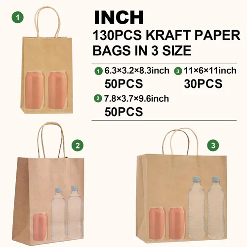 Miniatura 7 de PAICUIKE 130 bolsas de papel marrón con asas, bolsas de regalo marrones a granel, varios tamaños para fiestas, venta al por menor y uso comercial