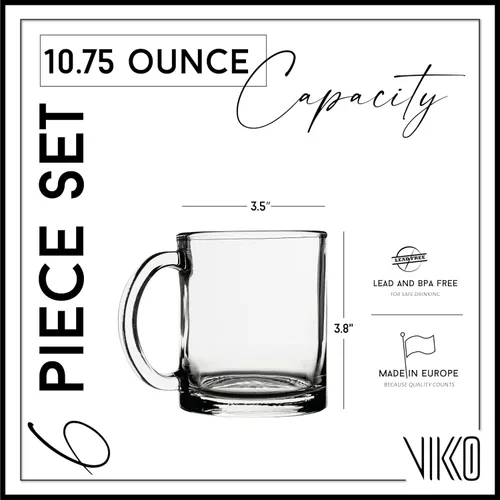Miniatura 2 de Vikko Juego de 6 tazas de café de cristal, transparentes de 10.75 onzas, aptas para microondas y lavavajillas
