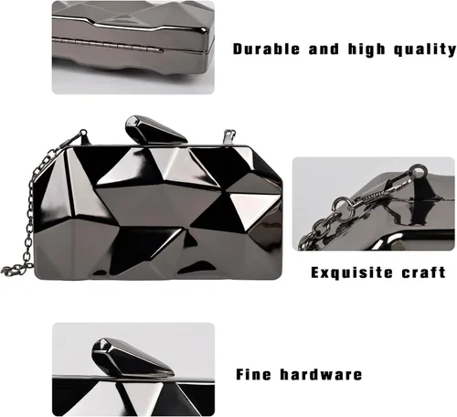 Miniatura 11 de QZUnique Bolso de mano de metal de celosía, bolso de noche geométrico abstracto con cadena de corte de piedra para mujer