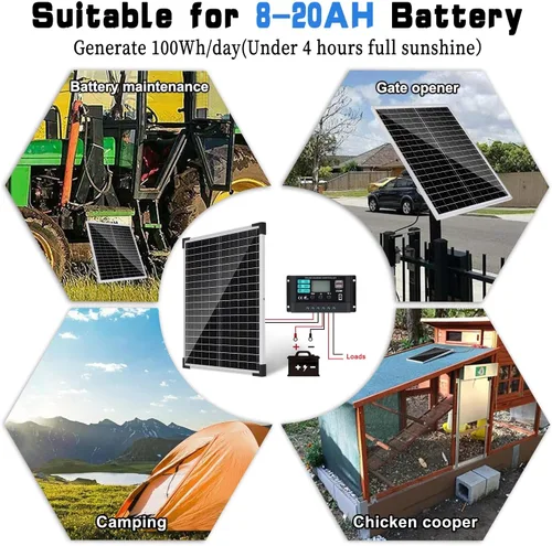Miniatura 2 de TBER Kit de panel solar de 20 W 12 V, cargador de batería solar con controlador de carga de 10 A y cables de extensión con clips de batería