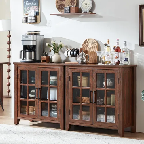 Miniatura 16 de Aparador Grande Buffet con Almacenamiento, 32" Mueble de Cocina Estilo Granja Azul Marino para Café y Vino con 2 Puertas de Vidrio, Mesa Aparador