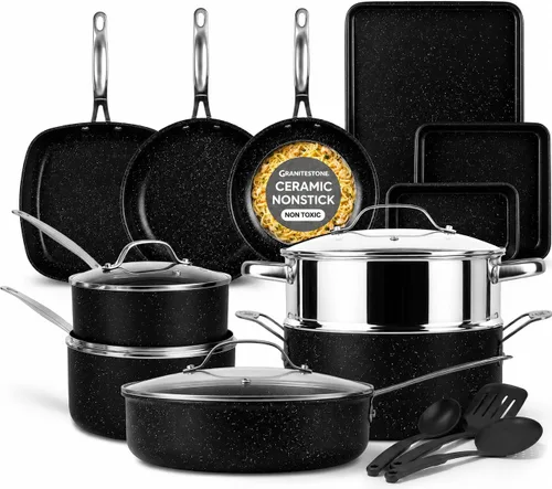 Granitestone Ceraluxe - Juego de 20 piezas de utensilios de cocina de cerámica antiadherente, juego completo de ollas y sartenes antiadherentes para