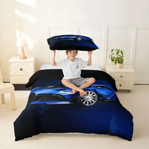 Miniatura 6 de Feelyou Juego de funda de edredón de coche deportivo, juego de ropa de cama azul de carreras para niños y niñas, funda de edredón de deportes