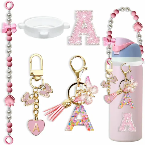 Lindo Juego de Dijes de Letras para Botella de Agua Owala de 24oz, 32oz, 40oz, Owala Kids y Vaso de Café, FreeSip – Incluye Correa con Asa, para Rosa