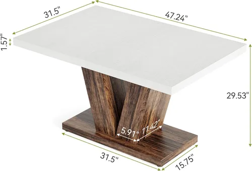 Miniatura 3 de LITTLE TREE Mesa de comedor de 47 pulgadas para 4, mesas de comedor modernas, mesa de cocina rectangular blanca con pedestal en forma de V marrón
