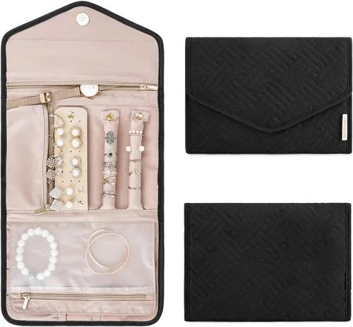 BAGSMART - Organizador de joyas plegable de viaje para anillos, collares, pulseras y aretes, color negro