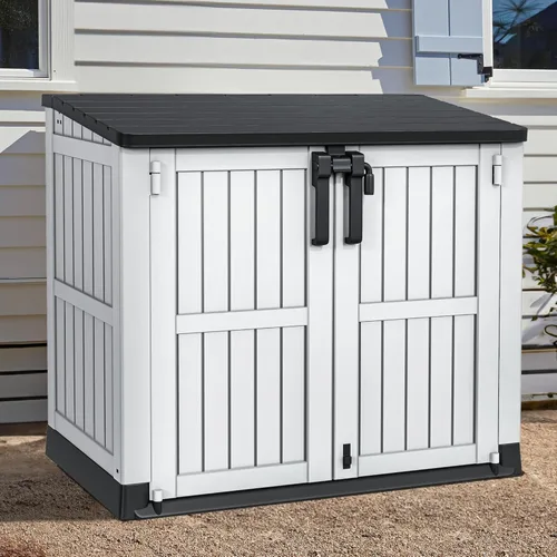 YITAHOME Cobertizo de herramientas de resina gris claro, 36 pies cúbicos de almacenamiento horizontal impermeable para exteriores, cobertizo