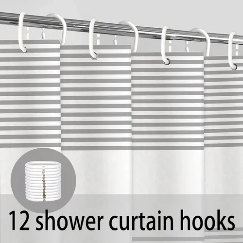 Miniatura 2 de bufftieo Cortina de regadera gris y blanca para baño con borlas estilo rústico moderno, cortinas de tela a rayas boho, juego de cortinas de regadera