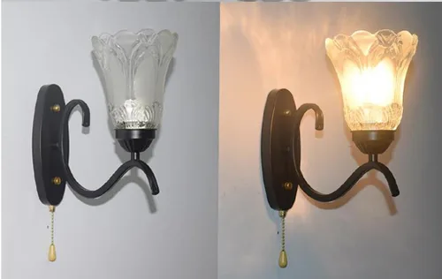 Miniatura 3 de Lámpara de pared con interruptor de cadena de tracción E27, lámpara de noche para dormitorio, sala de estar, pantalla de vidrio de metal, moderna