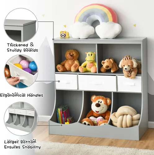Miniatura 6 de HONEY JOY Organizador de almacenamiento de juguetes para niños con estantería, armario de almacenamiento de organización de 8 compartimentos con Gris