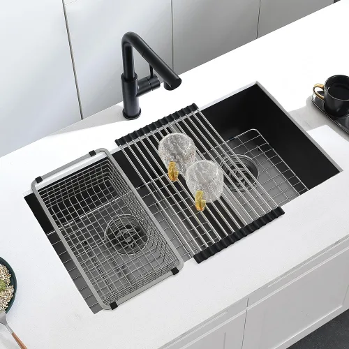 Miniatura 2 de Fregadero de cocina negro de 33 x 17 pulgadas con doble tazón, 33 x 17 x 9 pulgadas, calibre 16, acero inoxidable negro, montaje inferior