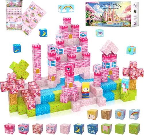 WSHIMIN Princess Castle Toys Bloques de construcción magnéticos para niños de 4 a 8 años, juguetes sensoriales STEM magnéticos (castillo rosa, PC,
