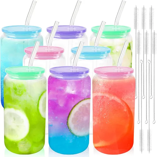 Miniatura 9 de Joyclub 4 vasos de vidrio con tapas y pajitas acrílicas, tazas de café helado de vidrio de 16 onzas con tapas y pajitas, lindos vasos para beber