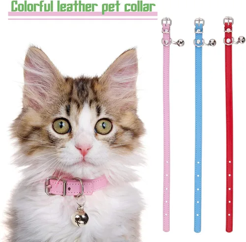 Miniatura 5 de Weewooday 6 piezas de collar de cuero para gato con campana, lindo collar de cuero para gatito para niños y niñas, gatos para gatitos pequeños