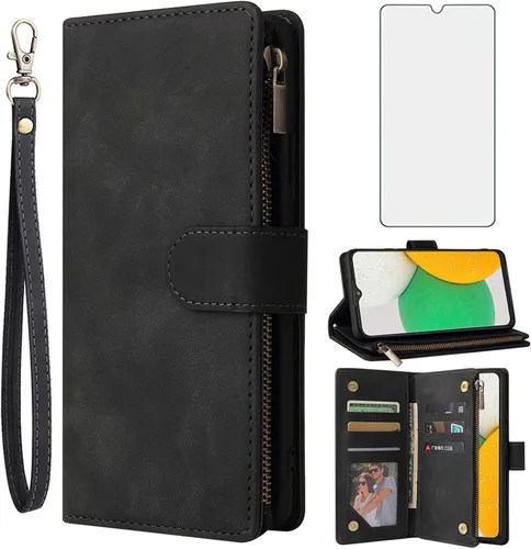 Asuwish Funda tipo cartera compatible con Samsung Galaxy M33 5G, protector de pantalla de vidrio templado y funda de cuero con tapa para tarjetero,