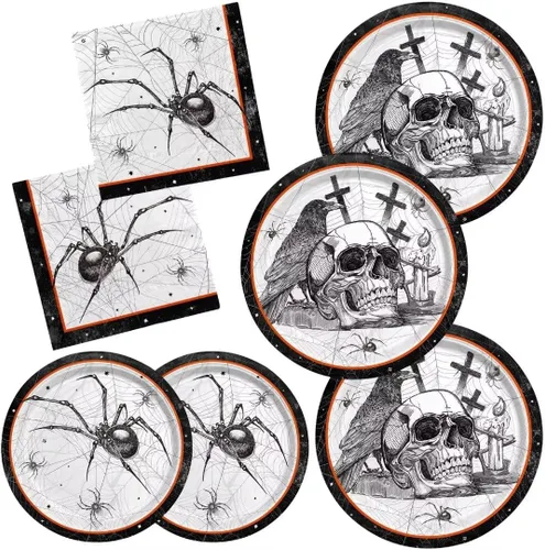 Suministros para fiesta de Halloween con temática de calavera y araña, platos de papel y servilletas de tela malvada todo incluido. Ideal para